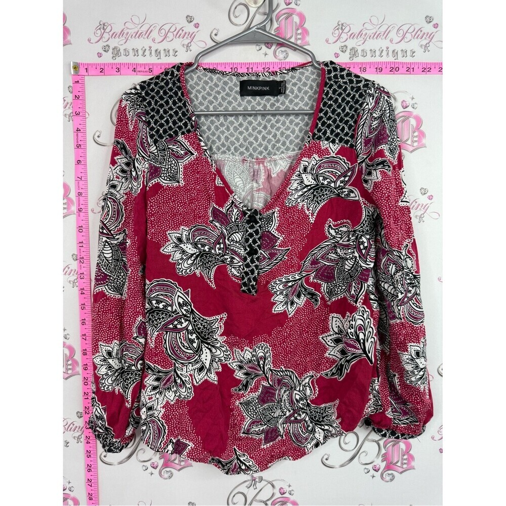 MINKPINK shirt Top Pink Floral Print V-Neck Blouse